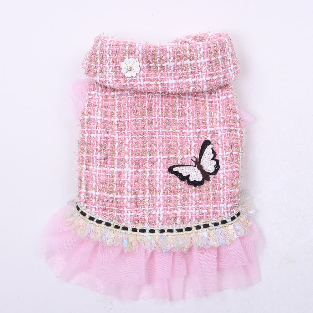 Princess Dog Cat Winter Dress Coat Plaid&Butterfly Design Pet Puppy Hoodie Warm Clothing Apperal