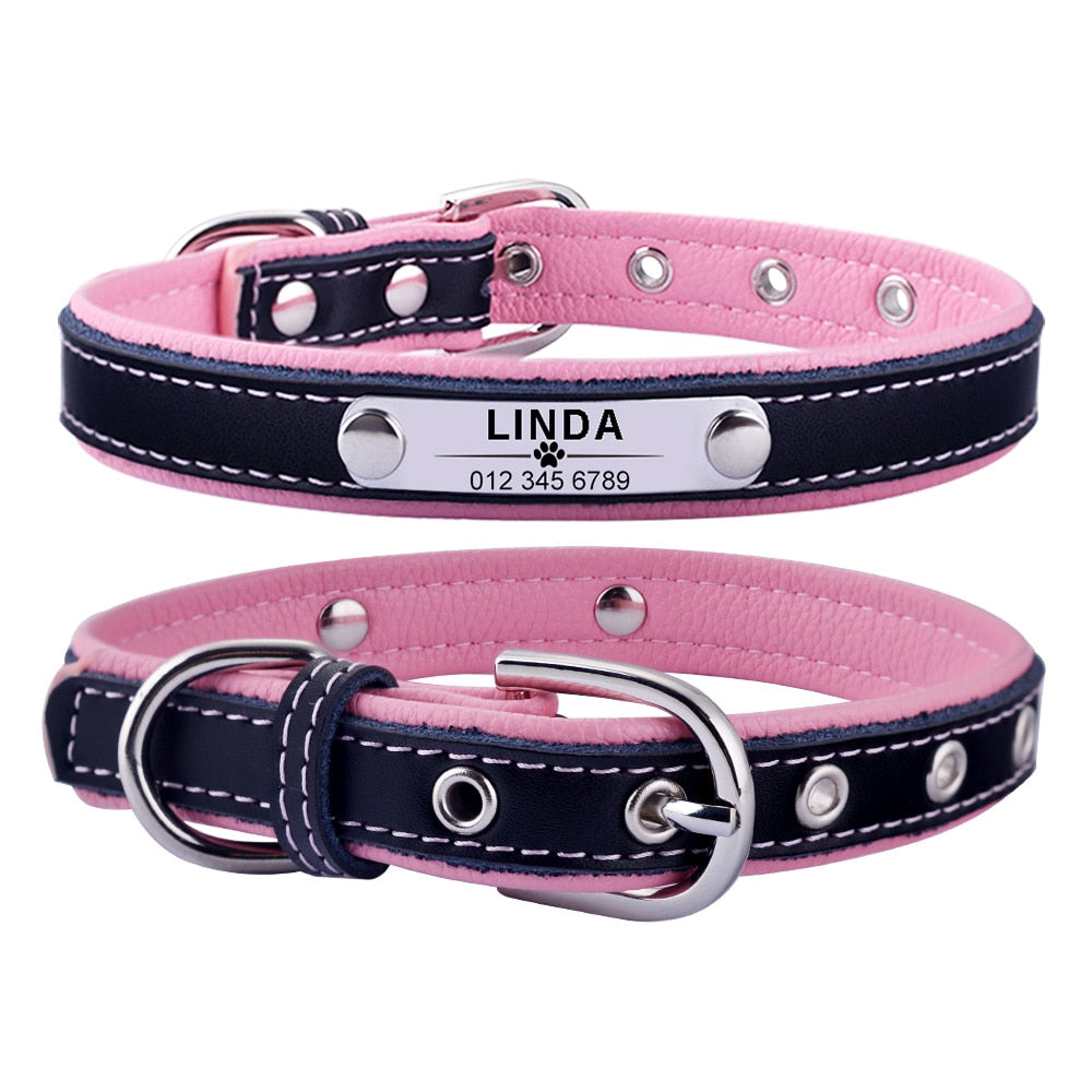 AiruiDog Leather Personalised Dog Collar and Tie Pet Cat Custom Engraved Name ID Tag Puppy Soft L