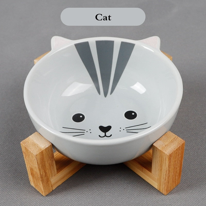 Pets Bowl Dog Cat Food Water Feeder Puppy Ceramic Drinking Dish Bowl With Wooden Rack Pet Cat Tableware