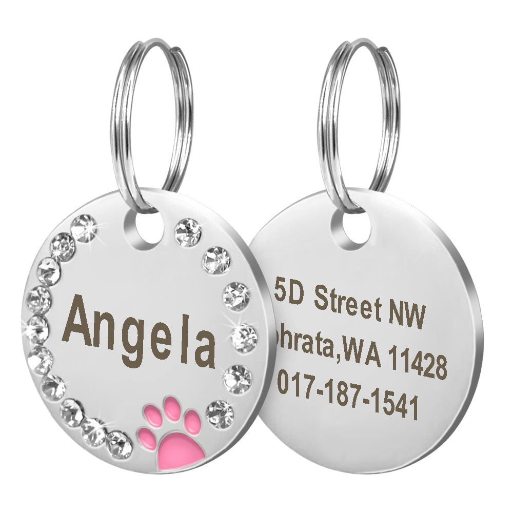 Personalized Dog Tag Custom Pet Puppy Cat ID Tag Dog Collar Accessories Engraved Stainless Steel Name Paw Tag For Dogs Cats Pink