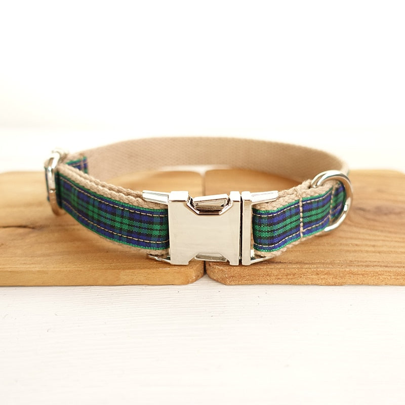 Personalized Pet Collar Scottish Plaid Custom Puppy Cat Name ID Tag Adjustable Collars Lead Leash Set Free Engraving Dog Collars