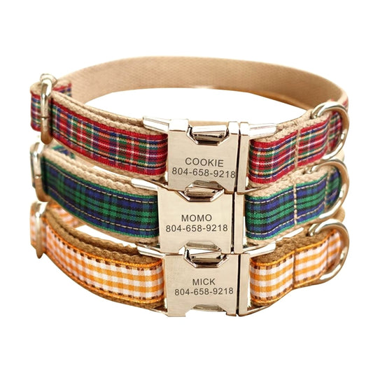 Personalized Pet Collar Scottish Plaid Custom Puppy Cat Name ID Tag Adjustable Collars Lead Leash Set Free Engraving Dog Collars