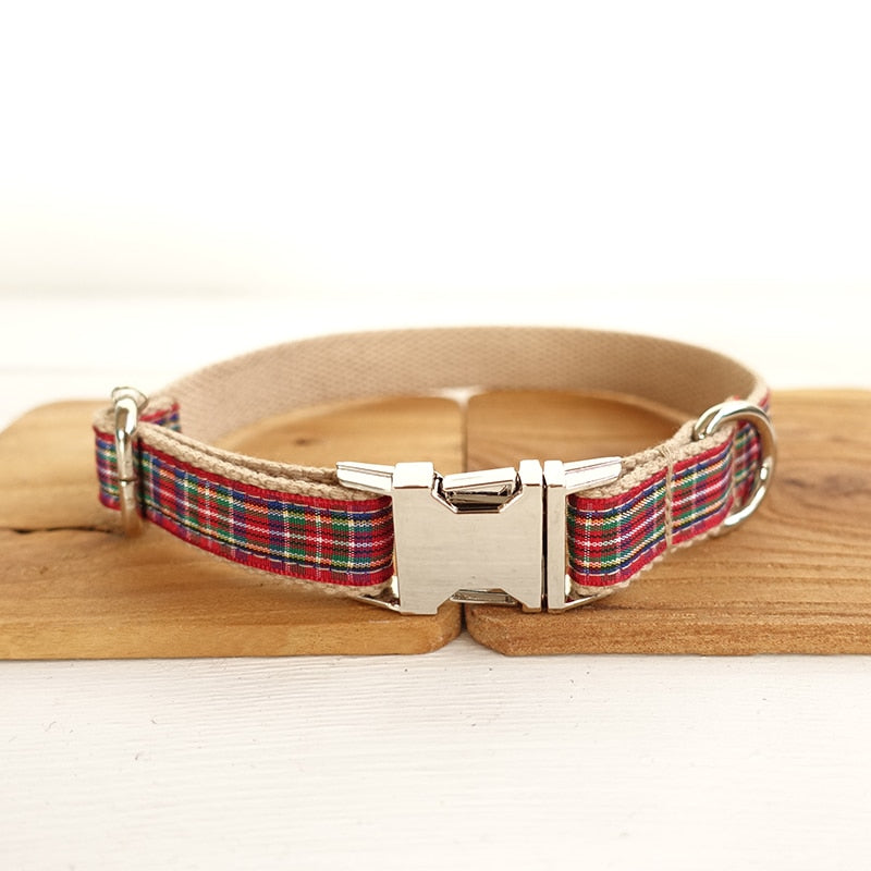 Personalized Pet Collar Scottish Plaid Custom Puppy Cat Name ID Tag Adjustable Collars Lead Leash Set Free Engraving Dog Collars